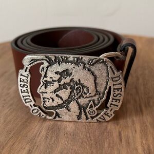 Vintage Y2K Diesel Only The Brave Tan Brown Belt Silver Tone Buckle - Sz 38